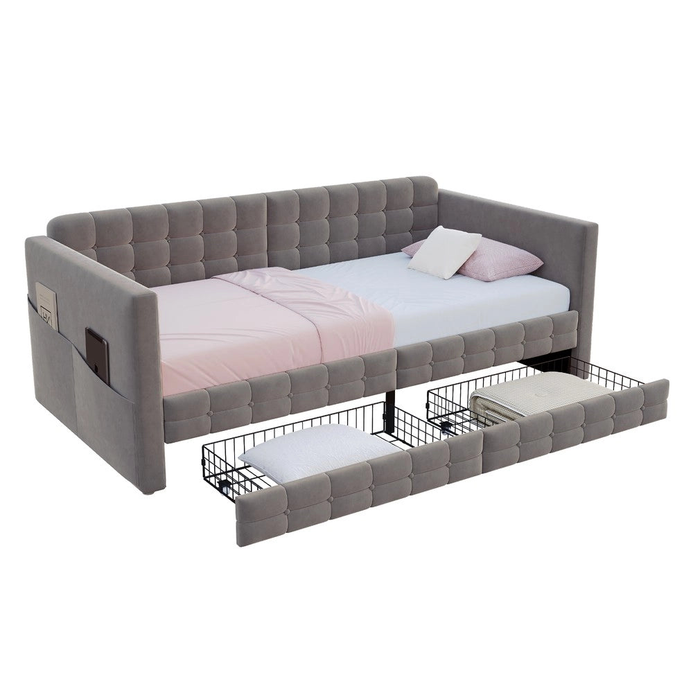 Letto Singolo Imbottito con Cassetti ¨C MINIMAL ¨C Velluto Grigio 90x190