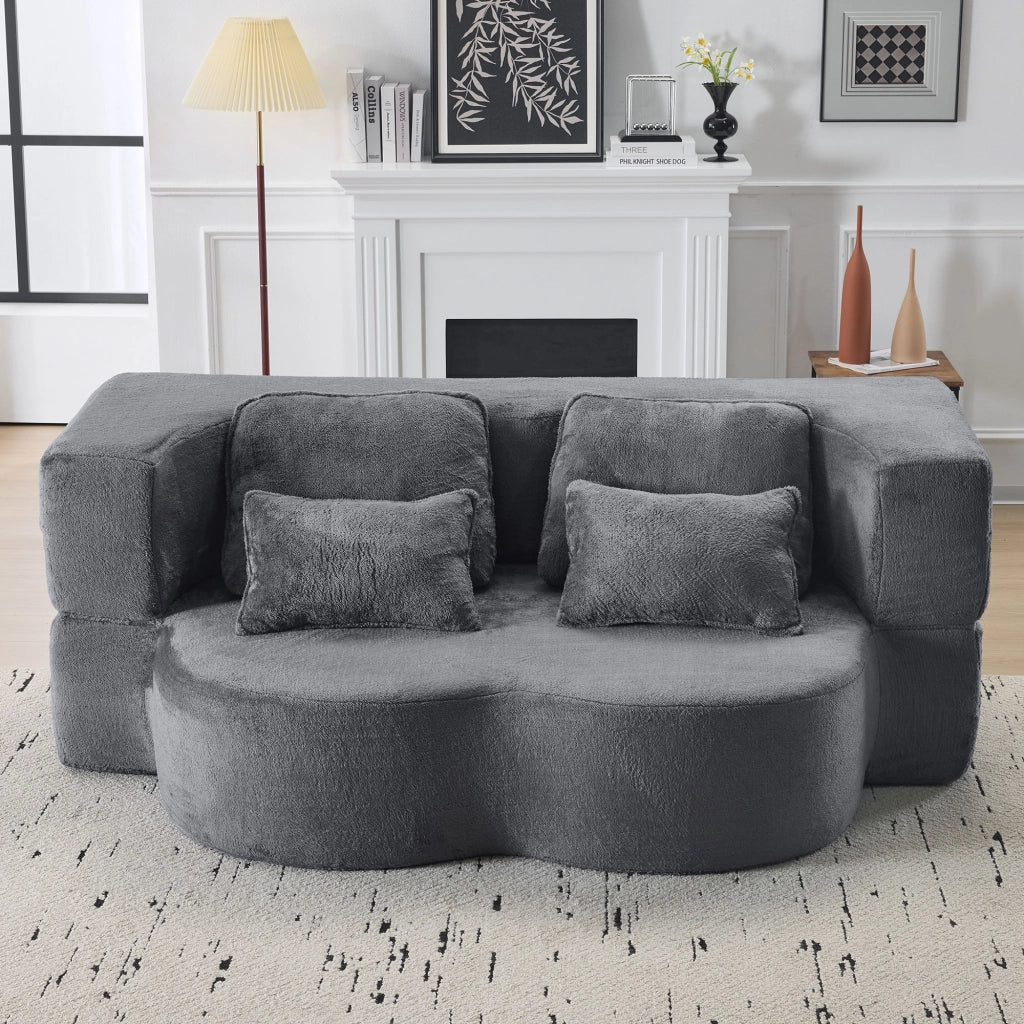 Divano letto futon pieghevole con 4 cuscini; schiuma ad alta densitÃ ; tessuto soffice blu grigio