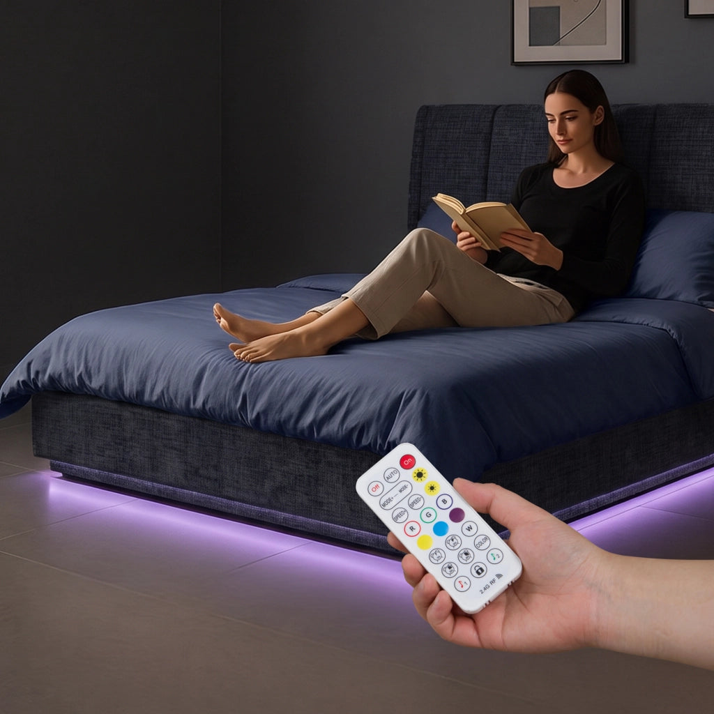 Letto Francese Contenitore Tröstiar con Apertura a Ribalta e Luce LED 140x200 cm - Effetto Lino Blu [en.casa]