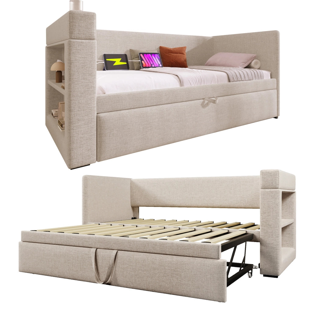 Daybed imbottito 90x190 cm con letto estraibile, USB, Type-C e portabicchieri