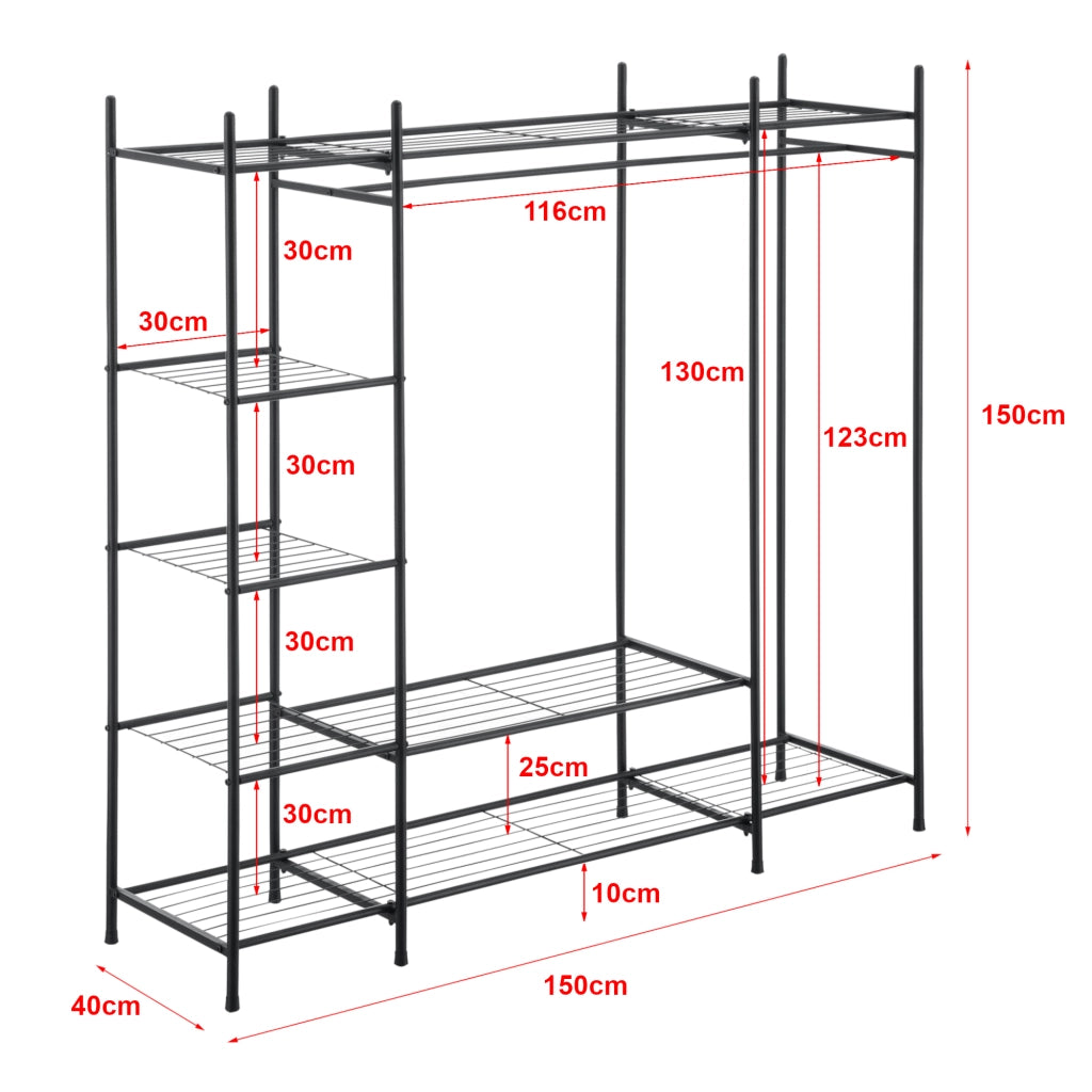 Organizzatore Guardaroba, Scaffalatura con Asta Appendiabiti e 6 Ripiani, Cabina Armadio Senza Ante (AxLaxP) 150 x 150 x 40 cm - Nero, Metallo