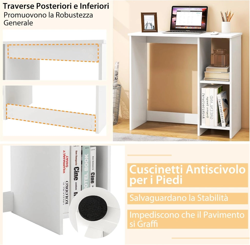 Scrivania per Computer in Legno con 2 Ripiani per Ambienti Piccoli, Scrivania Moderna e Salvaspazio da Casa e Ufficio, 80 x 40 x 74 cm (Bianco)