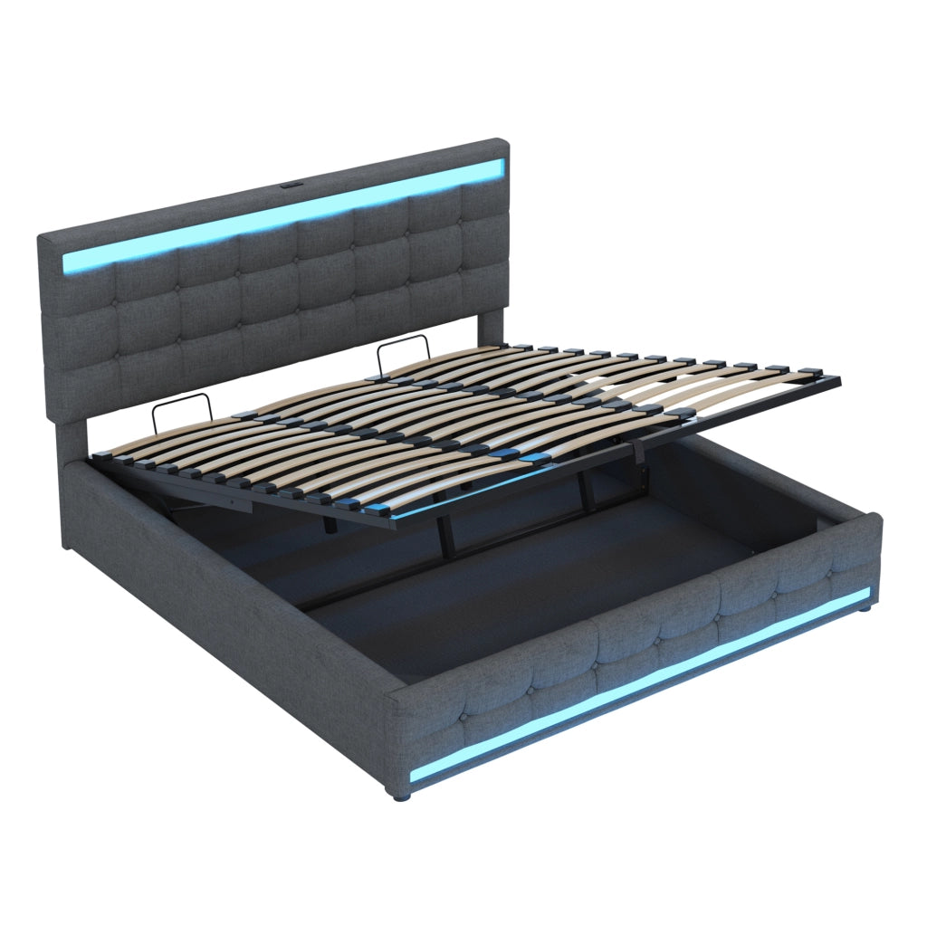 Letto matrimoniale imbottito 180x200 cm con LED RGB; USB e testiera regolabile; grigio