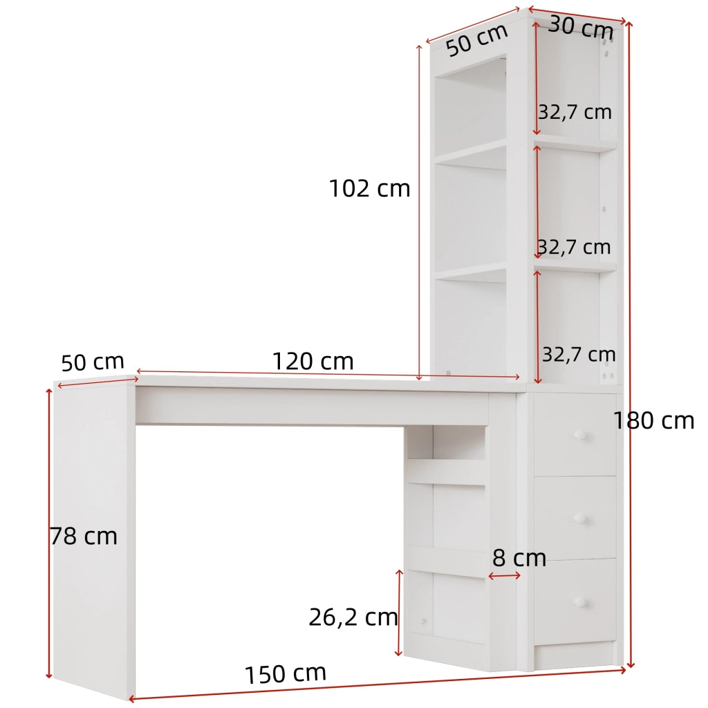 Scrivania bianca con libreria, 3 cassetti e vano laterale 150x50x180 cm