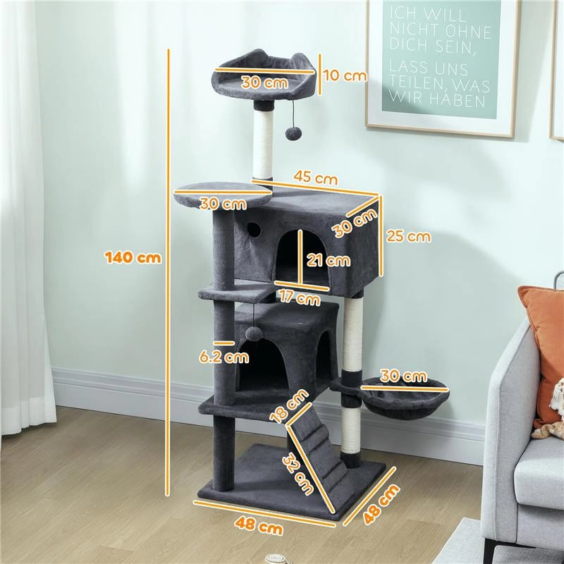ALBERO PER GATTI ALTO 140 CM CON 2 CASETTE, LETTINO E AMACA PER 2-3 GATTI, RIVESTIMENTO PELUCHE, GRIGIO