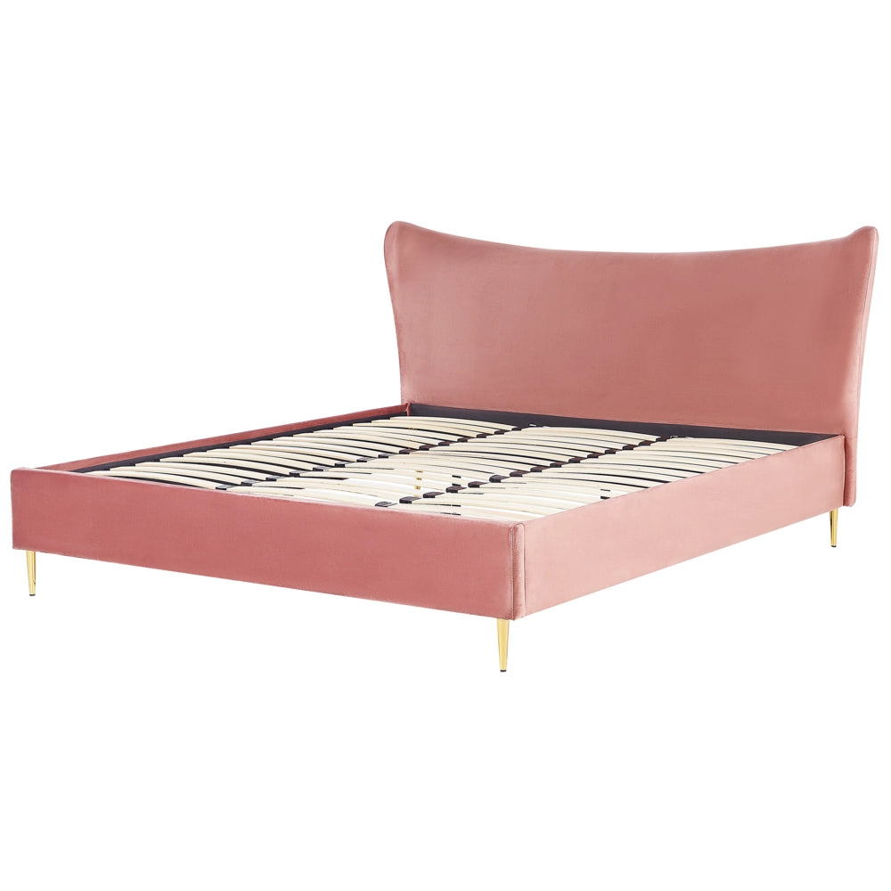 Letto in velluto rosa con struttura 180 x 200 cm gambe imbottite oro testiera stile glamour moderno