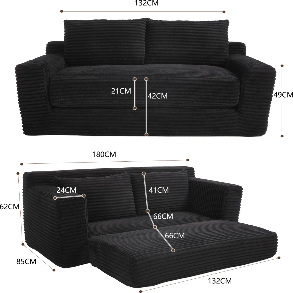 Canapé convertibile in tessuto con memory foam e funzione 2 in 1 senza montaggio per piccoli spazi compatto nero