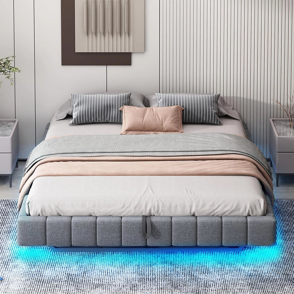 Letto-Xylo-180x200 cm-idraulico, LED, senza testiera, lino grigio