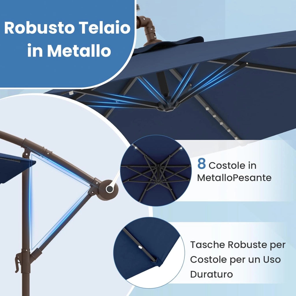 Ombrellone da Giardino con 40 Luci a LED, con Sacco di Sabbia, Ombrellone da Esterno 300 cm con Altezza Regolabile, Ombrellone per Giardino Piscina Patio, 300 x 300 x 250 cm (Blu)