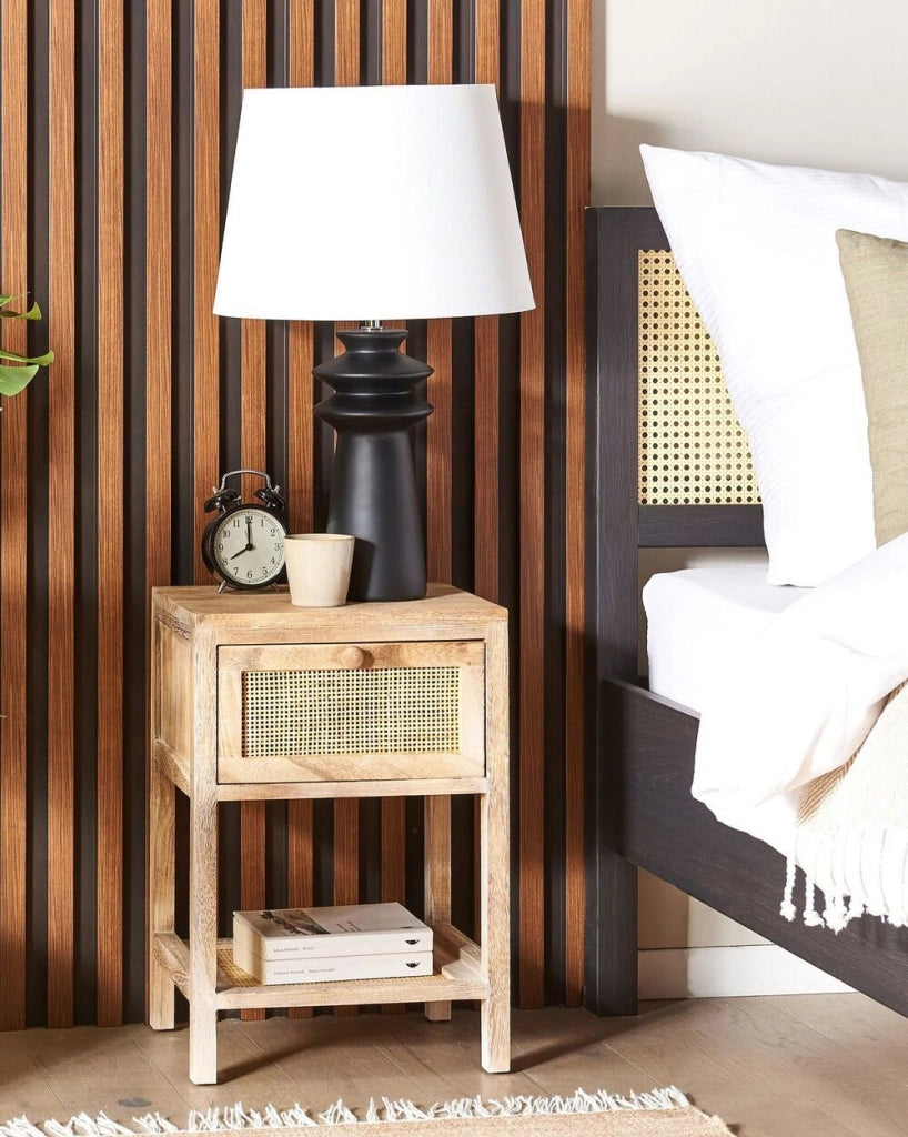 Comodino 1 cassetto con ripiano basso rattan e marrone chiaro 35 x 29 cm boho camera da letto salone