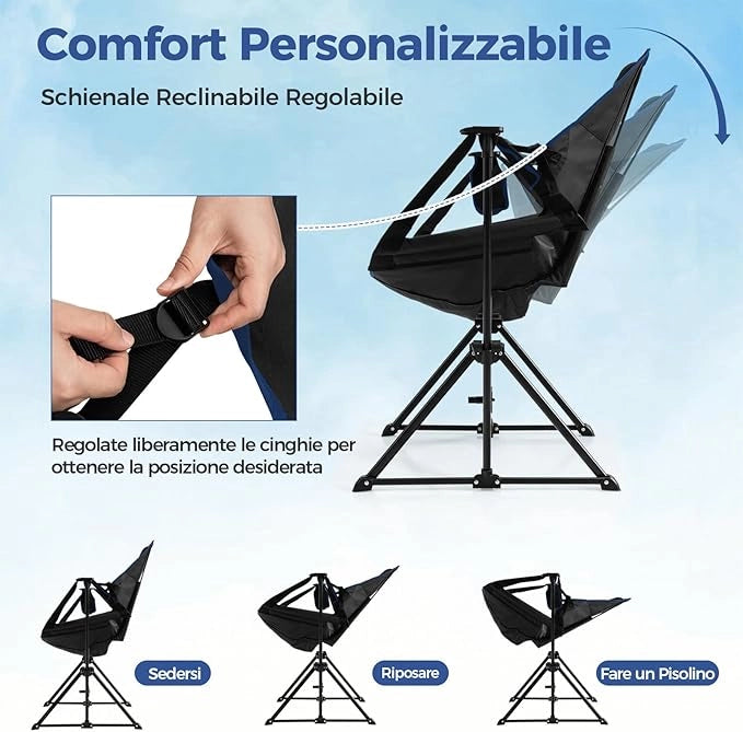 Sedia da Campeggio, Sedia Pieghevole per Esterni con Schienale e Poggiapiedi Regolabili, Poggiatesta, Porta Bicchiere e Borsa da Trasporto per Spiaggia, Giardino, Pesca, Supporta 150 kg (Nero)