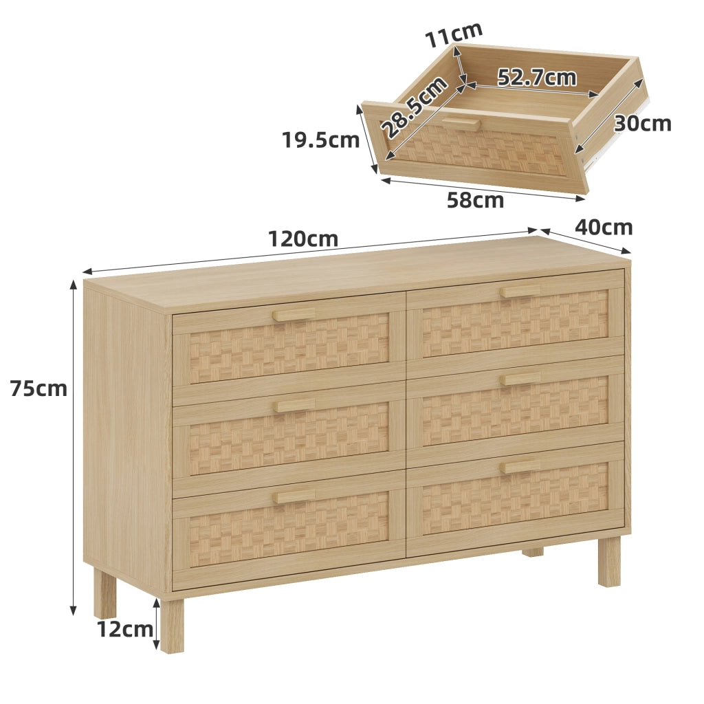 Credenza con 6 Cassetti; Frontali Effetto Rattan; Stile Naturale; in Pannello di Truciolare; 120??40??75 cm; Naturale