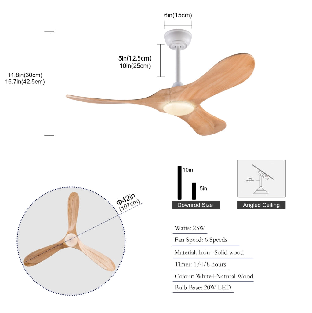 Ventilatore a soffitto 52 pollici con luce LED regolabile; 3 pale in legno massello bianco; telecomando