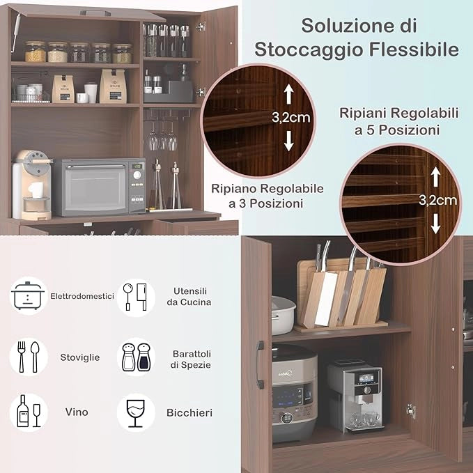 Credenza Alta da Cucina con 5 Ante e Cassetto, Armadio Dispensa da Cucina con Presa Elettrica, Mobile Cucina con Ripiani Regolabili per Sala da Pranzo e Soggiorno, 90 x 39 x 167 cm, Naturale