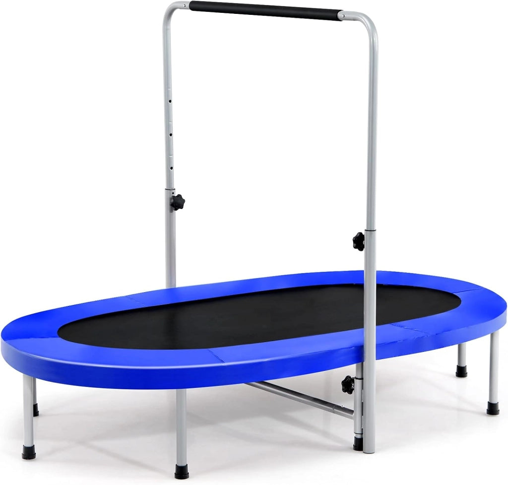 Trampolino Elastico da Interno ed Esterno, Tappetino Elastico Pieghevole per Adulti e Bambini con Maniglia Regolabile, Molle e Cuscinetto di Sicurezza, Trampolino Ovale per 2 Persone, Blu