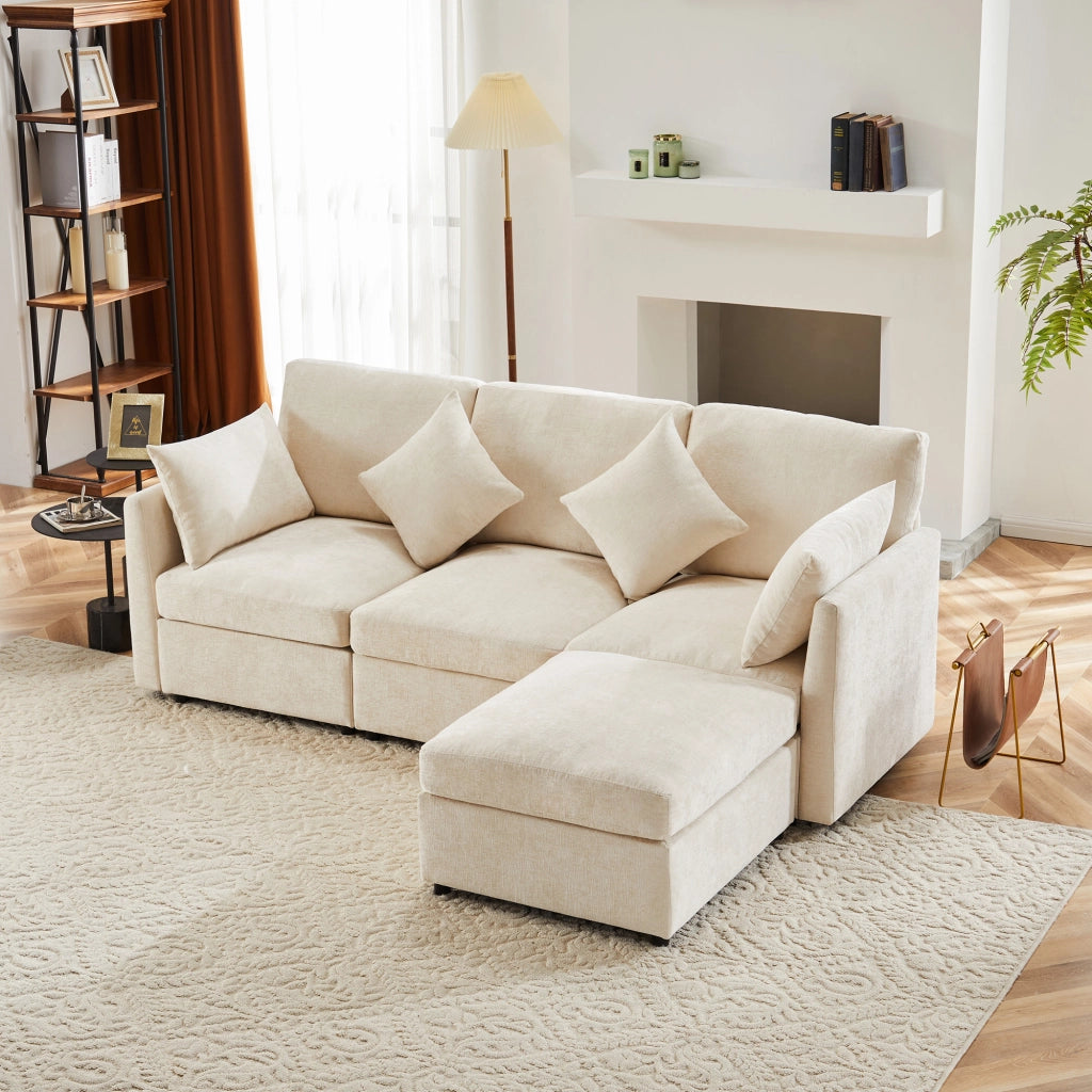 DIVANO Angolare modulare 216x161x81 cm Chenille Beige con pouf mobile