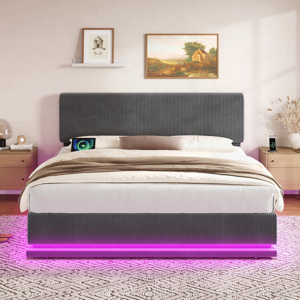 Letto imbottito matrimoniale 160x200 cm in velluto corduroy grigio scuro con LED; USB-C e testiera regolabile