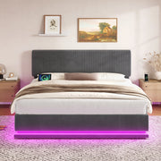 Letto imbottito matrimoniale 160x200 cm in velluto corduroy grigio scuro con LED; USB-C e testiera regolabile
