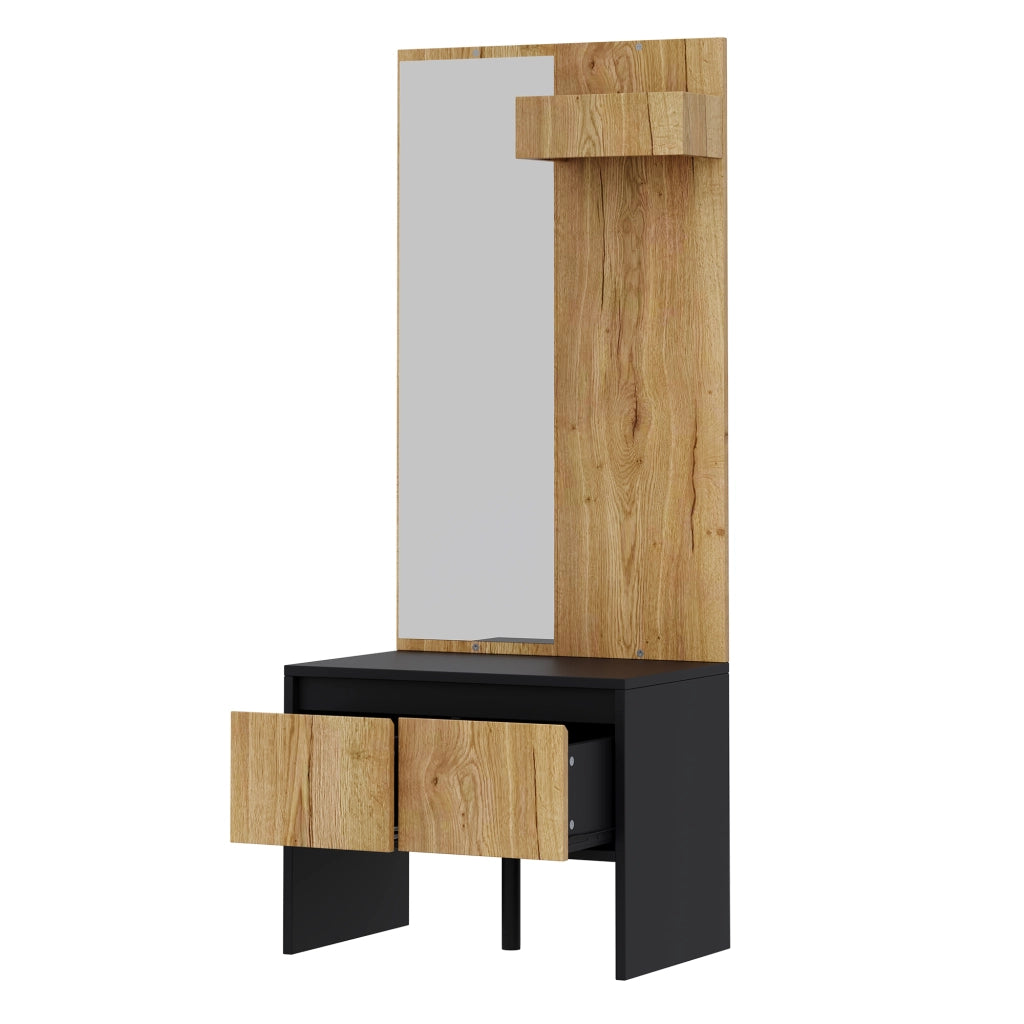Mobile ingresso con 2 cassetti; ganci e specchio - per ingresso - in truciolare - 60×38×145 cm - naturale