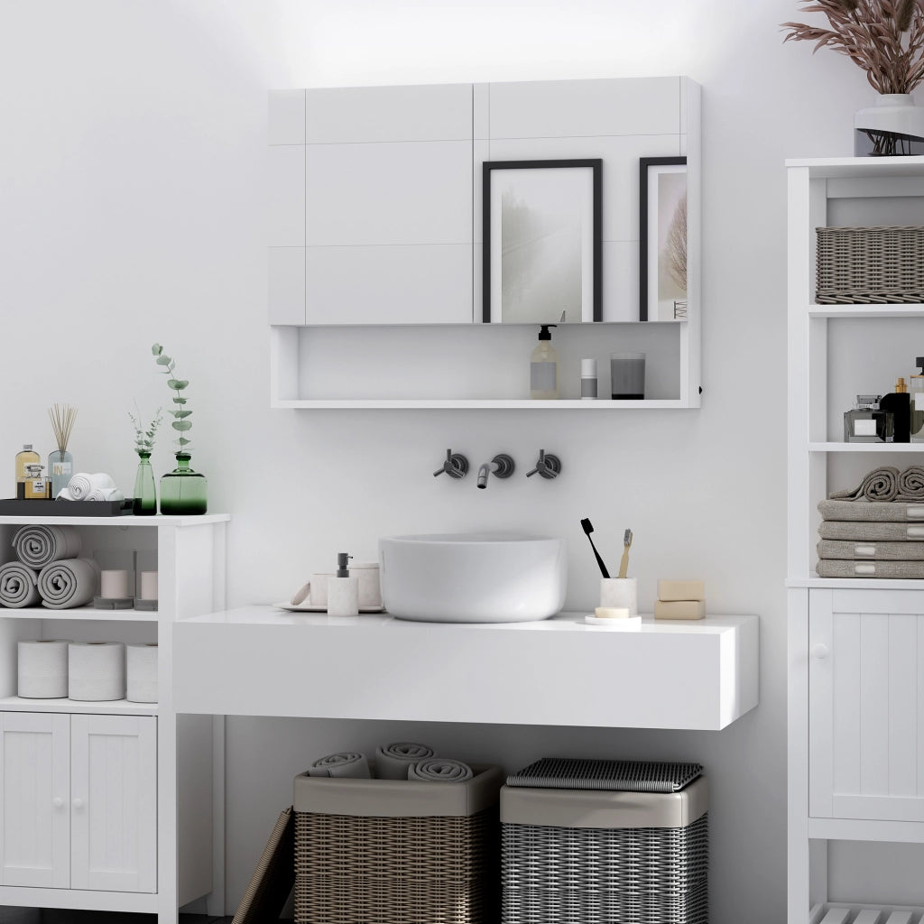 Armadio a Muro con Specchio, Luci LED, Ripiani Aperto e Interno ¨C Zephmum ¨C Bianco 80x15x60cm