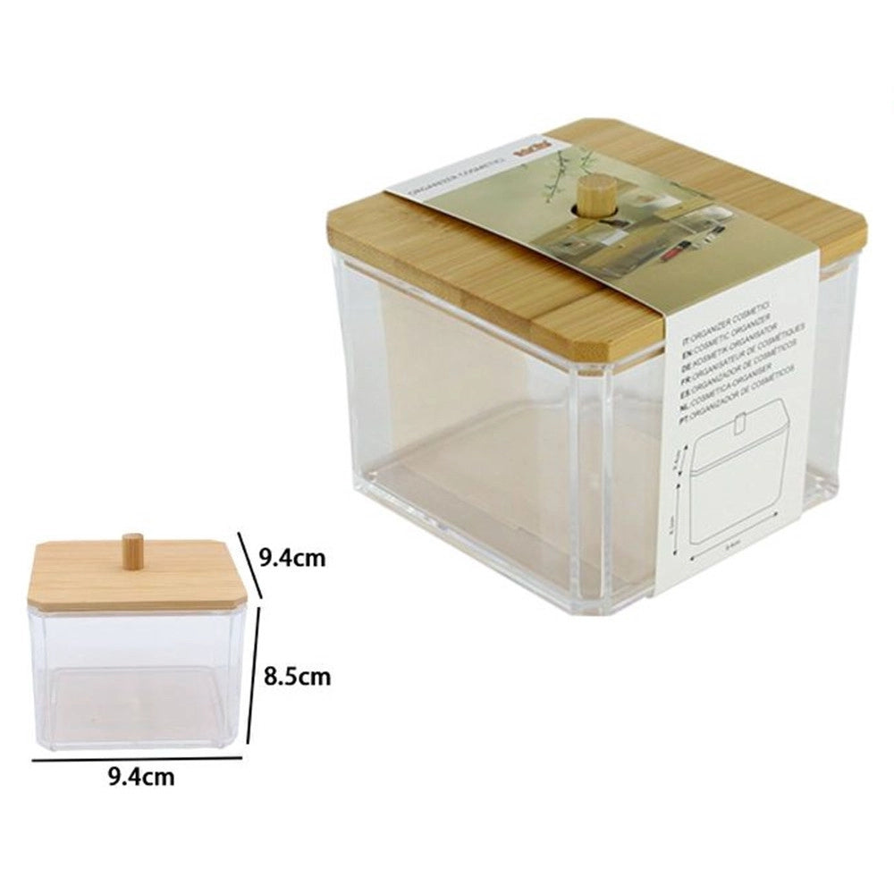 Trade Shop - Contenitore Organizer Cosmetici Toeletta Quadrato Trasparente Con Coperchio In Legno 10826 -