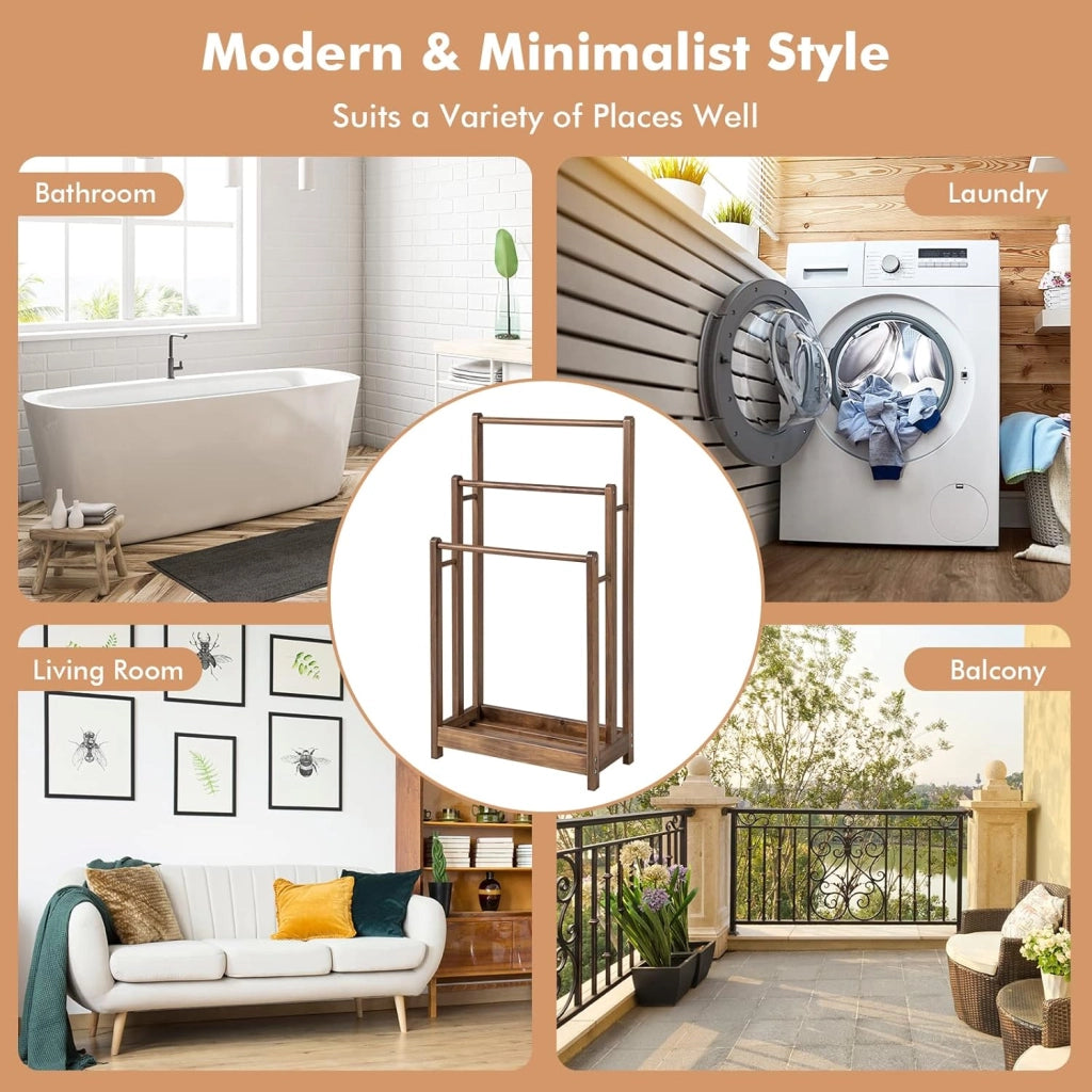 Porta Asciugamani, Porta Asciugamani da Terra, Porta Asciugamani da Terra in Legno, con 3 Aste per Asciugamani, con Ripiano Portaoggetti, Accessori da Bagno in Legno