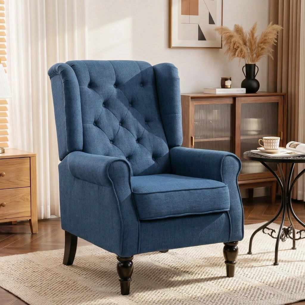 Poltrona per Salotto in Stile Francese con Seduta Imbottita e Cuscini, in Velluto, 74x86x102 cm, Blu
