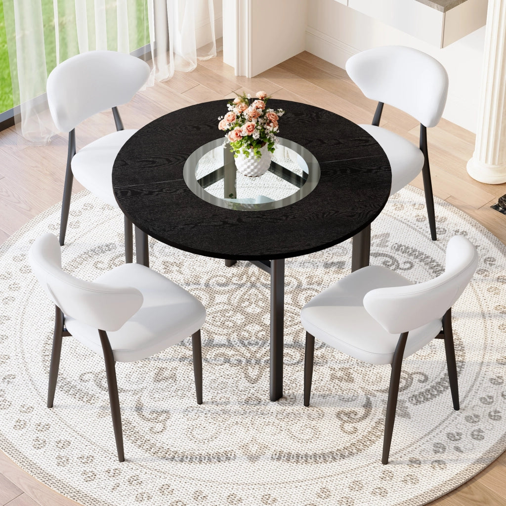 Tavolo da pranzo rotondo con 4 sedie in PU, piano in MDF con vetro e ripiano in vetro, per soggiorno, 100 cm
