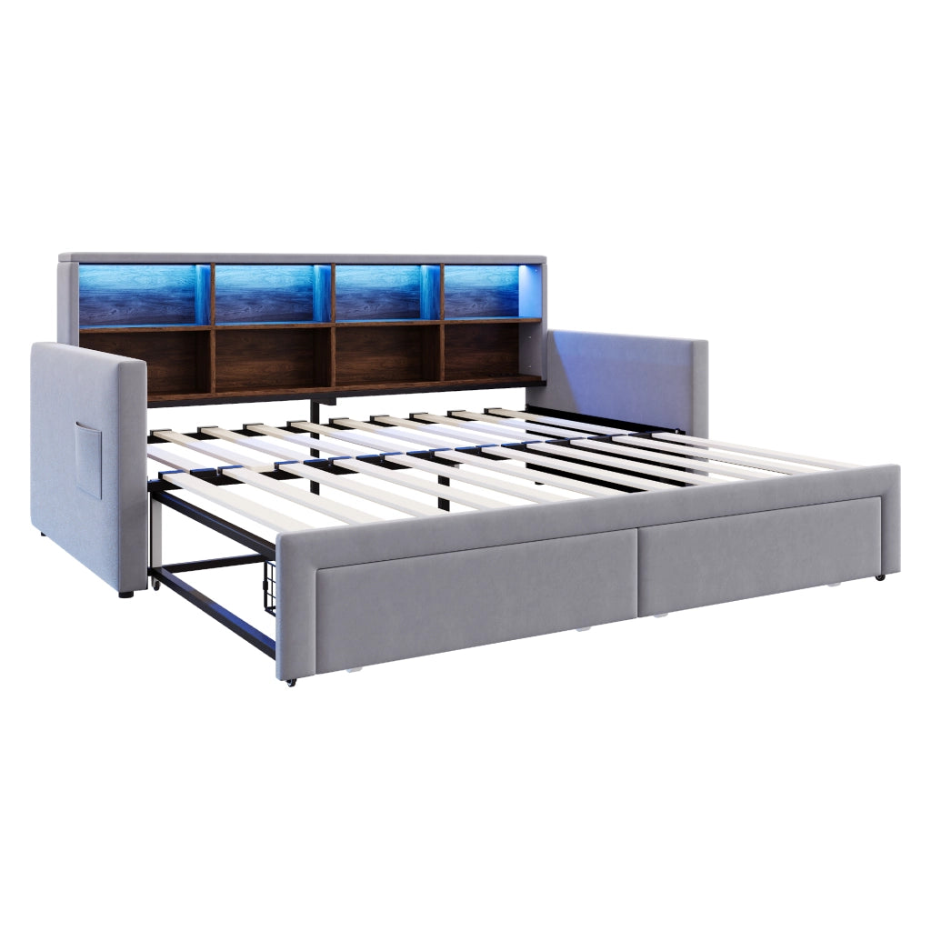 Letto imbottito estraibile 90x190 cm con contenitore, LED, prese USB/Tipo C, due cassetti e rete a doghe, velluto grigio chiaro