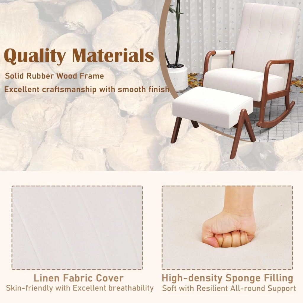 Poltrona a dondolo, Poggiapiedi, Sedia a dondolo, Braccioli confortevoli, Telaio in Legno di Eva, Schienale Curvo, Tasca Laterale Rimovibile, Sedia da Soggiorno, Carico 150 kg, Beige