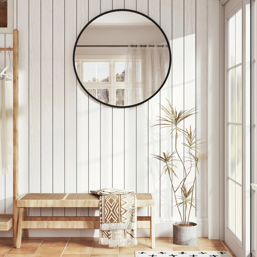 Specchio da Parete, Specchio Trucco,Cornice in Metallo Antiruggine, Decorativo per Bagno con Immagine Nitida, Ideale per Trucco e Arredamento Moderno, Specchio Bagno, Rotondo Nero 71cm