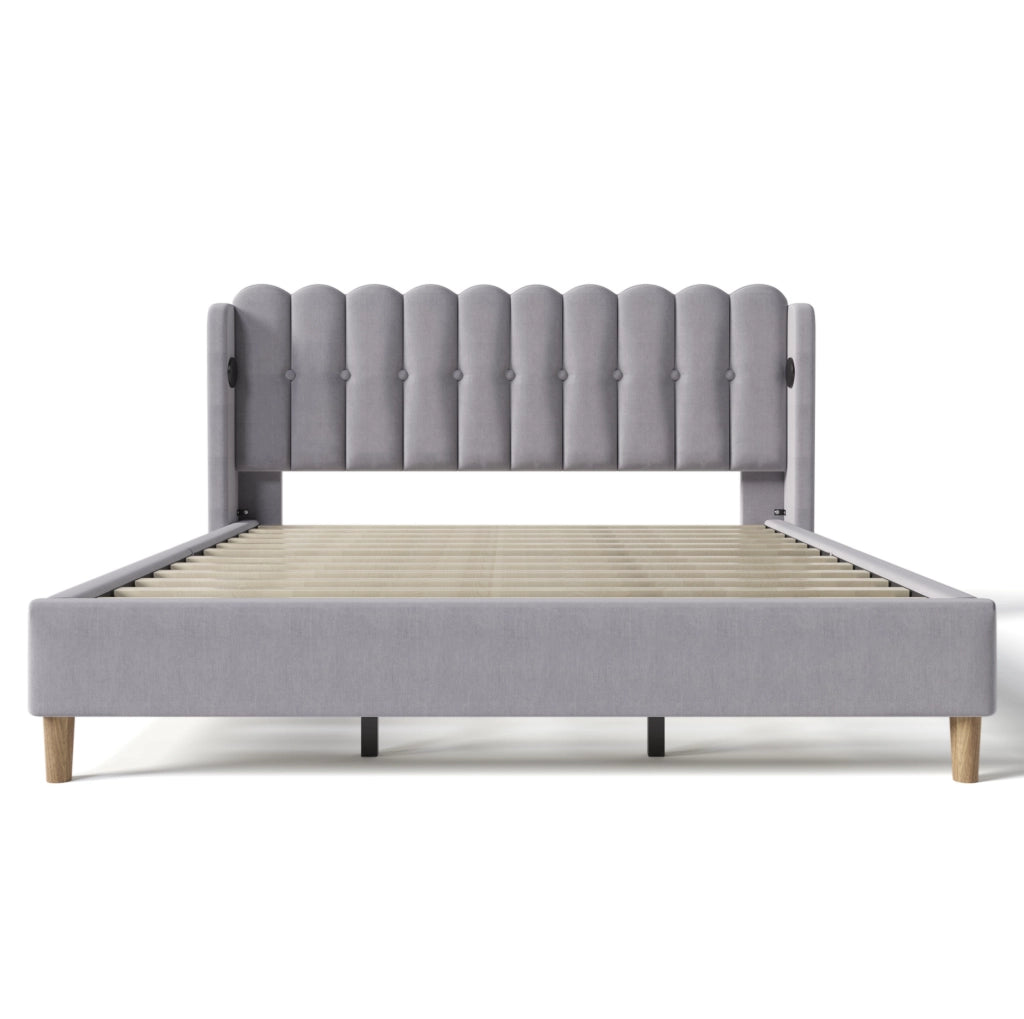 Letto imbottito 180x200 cm con ricarica USB e Type-C; lino grigio (Senza materasso)