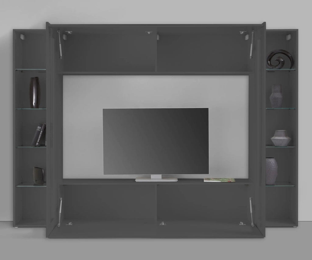 Parete attrezzata porta TV moderno pensile sospeso 2 vetrine Note Frame antracite