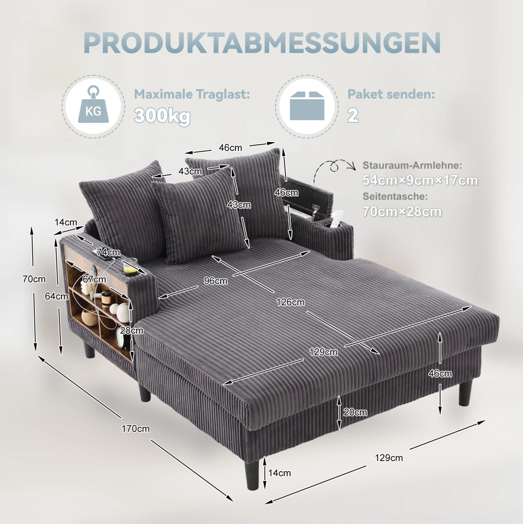 Chaise longue 170x129x70 cm grigio scuro con LED, USB e vano contenitore