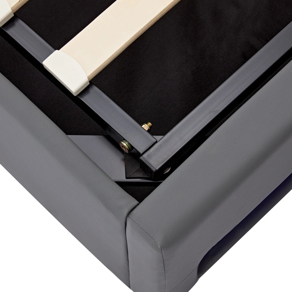 Letto imbottito 90x200 cm in PU grigio con USB; LED e contenitore; senza materasso
