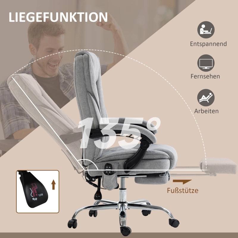 Sedia da ufficio con massaggio vibrante, calore lombare, schienale reclinabile a 135°, poggiapiedi, tessuto grigio