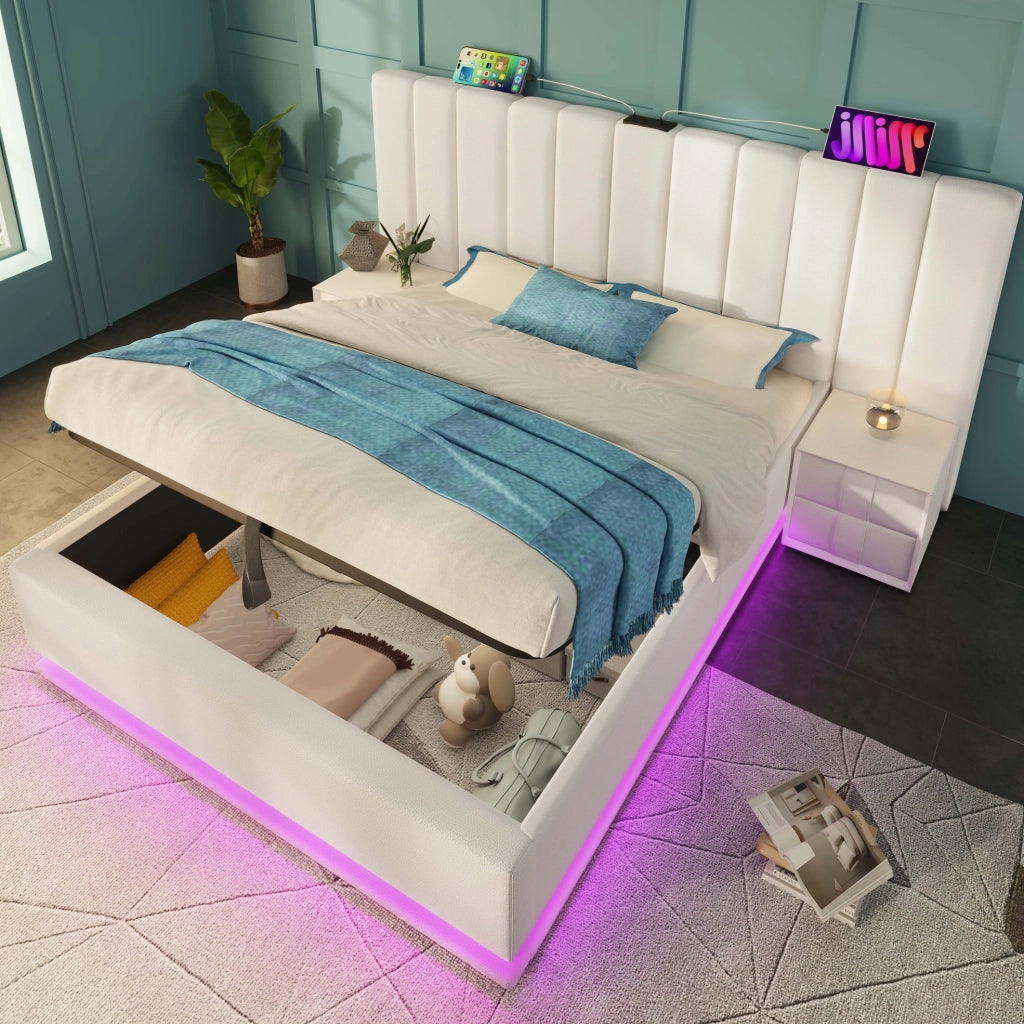 Letto contenitore matrimoniale 180x200 cm in PU bianco; LED; USB; Type-C e materasso