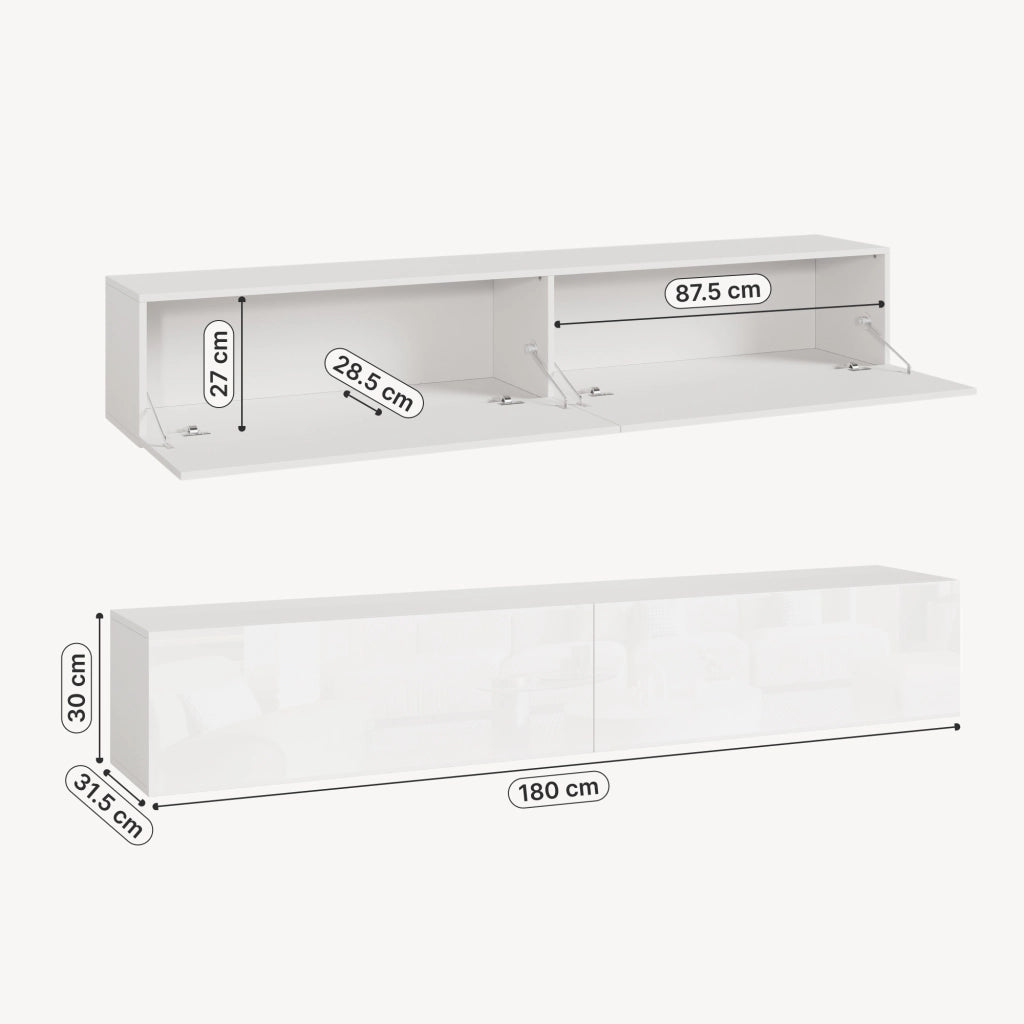 Mobile Pensile Evaton Porta TV da Parete 180 x 32 x 30 cm - Bianco Lucido [en.casa]