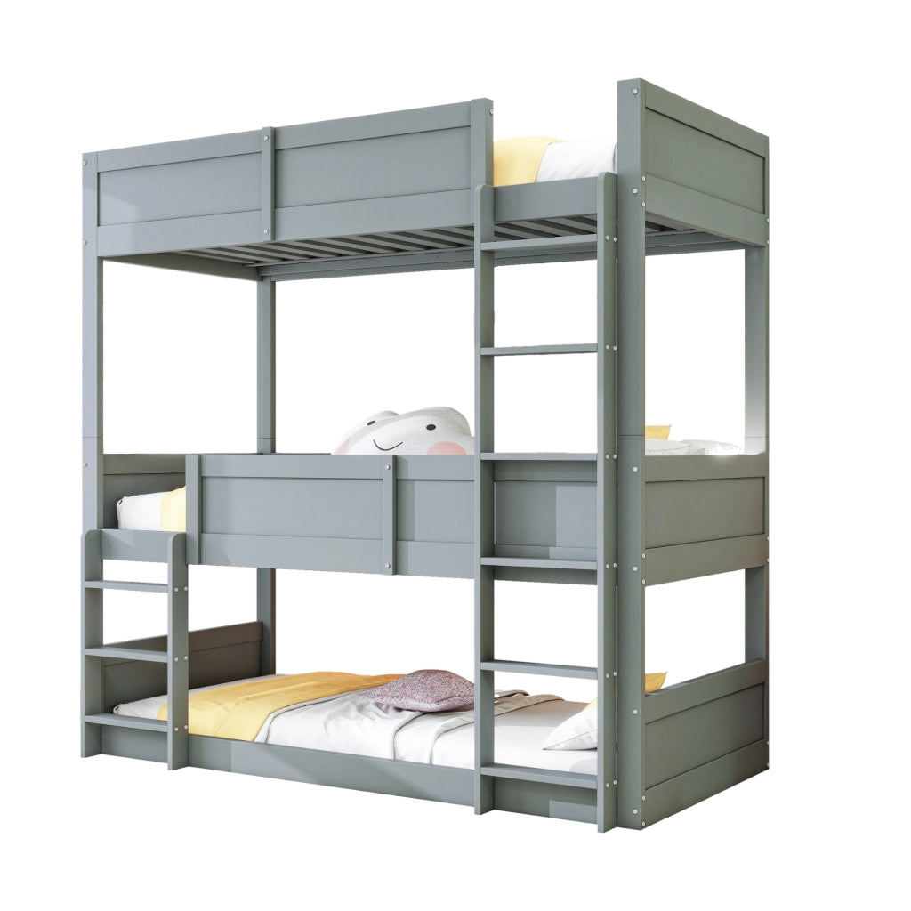 Letto a castello grigio in legno massello 90x200 cm con tre piani e parapetto alto