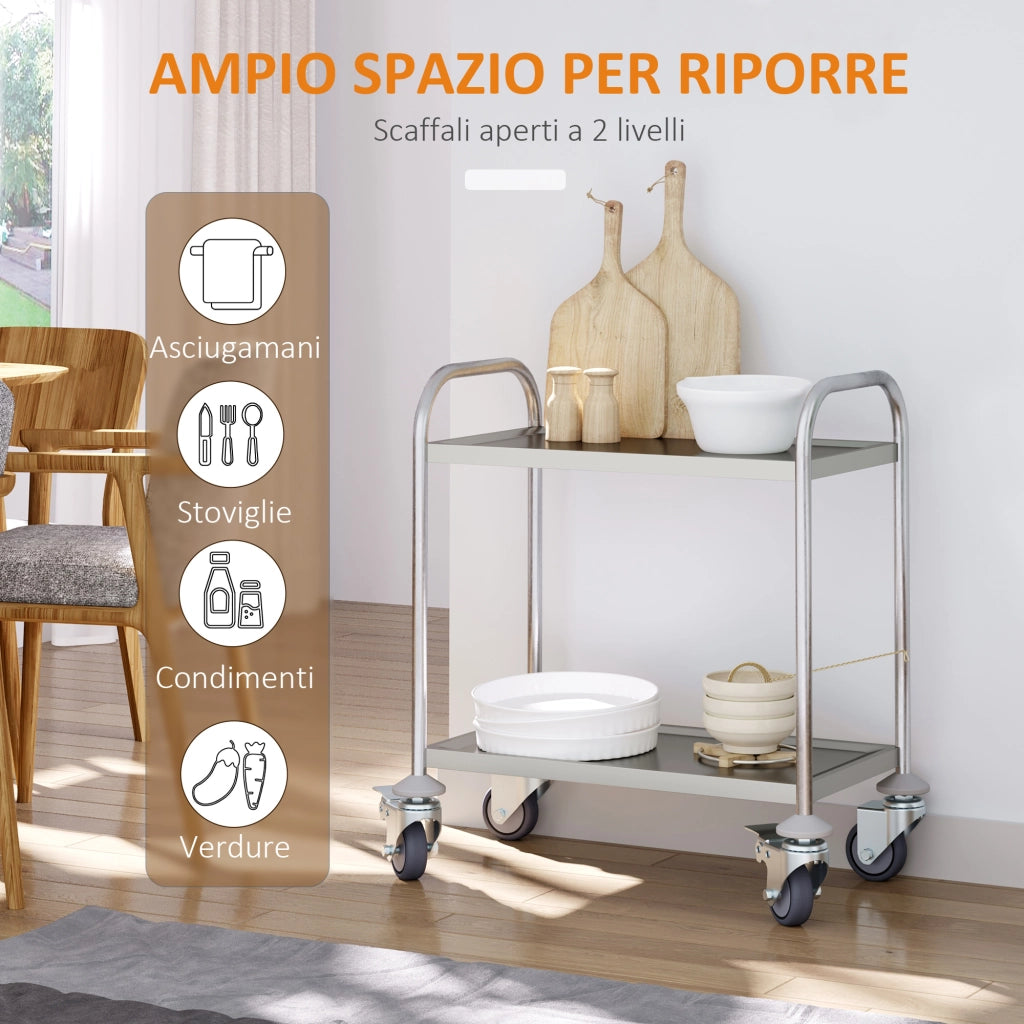 Carrello Cucina 2 Ripiani ¨C zephmum ¨C 80x45x82cm Argento Acciaio Inox