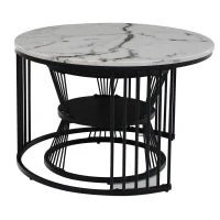 Set 2 Tavolini da Salotto Moderni a Incastro, Design Marmo Lucido, Nero