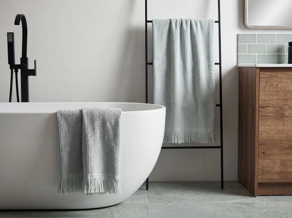 Set di 2 asciugamani bagno in spugna di cotone verde menta con nappe decorative