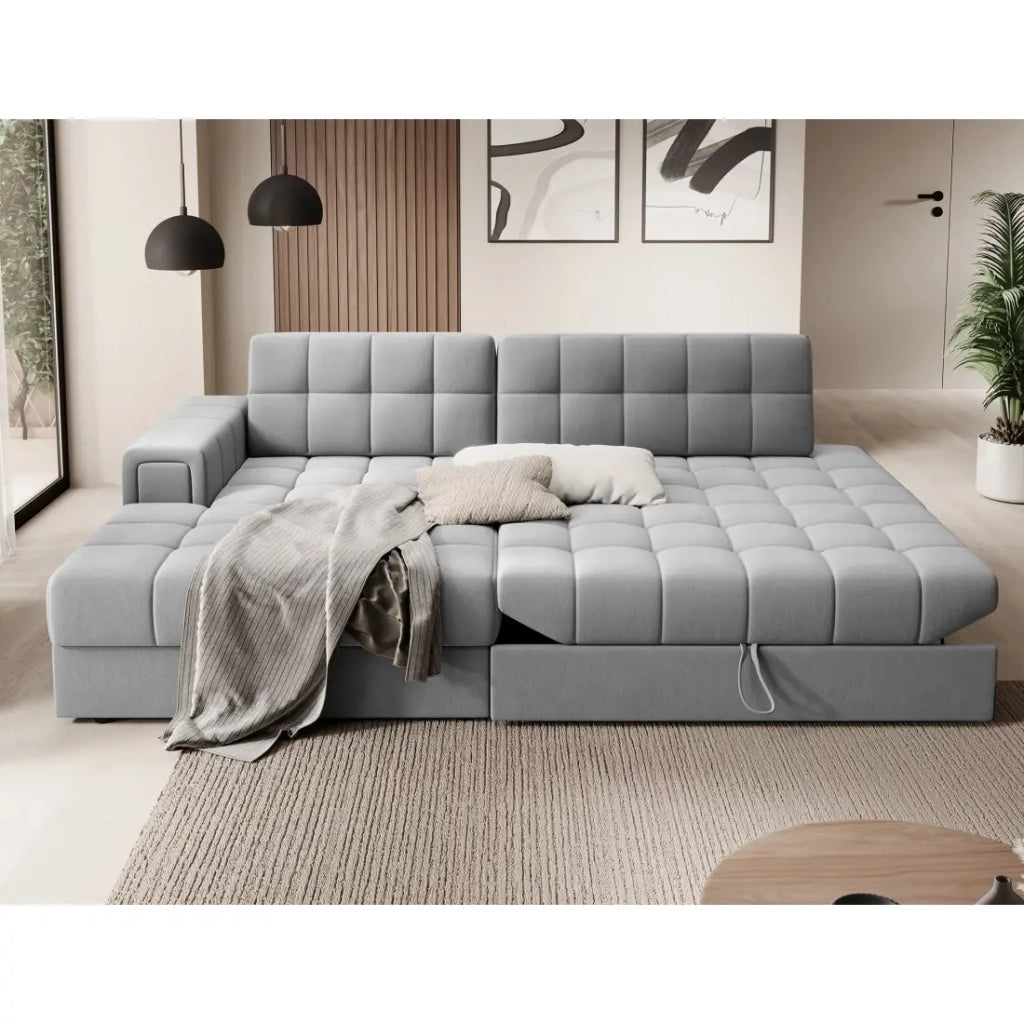 Divano ad angolo convertibile CUBITO grigio 240 cm con contenitore e letto