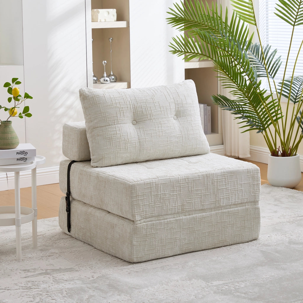 OKWISH Divano Letto Pieghevole con Schienale, Cuscini Poggiatesta e Lombare, Schiuma ad Alta Densità, Ciniglia Beige