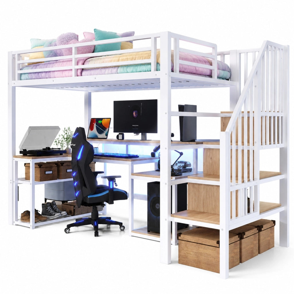 Letto a soppalco 90x200 cm in metallo e MDF; con scrivania; LED e USB; bianco