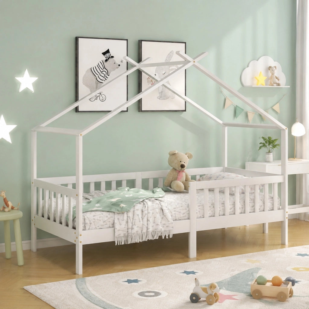 Letto a casetta per bambini 90x200 cm in pino bianco