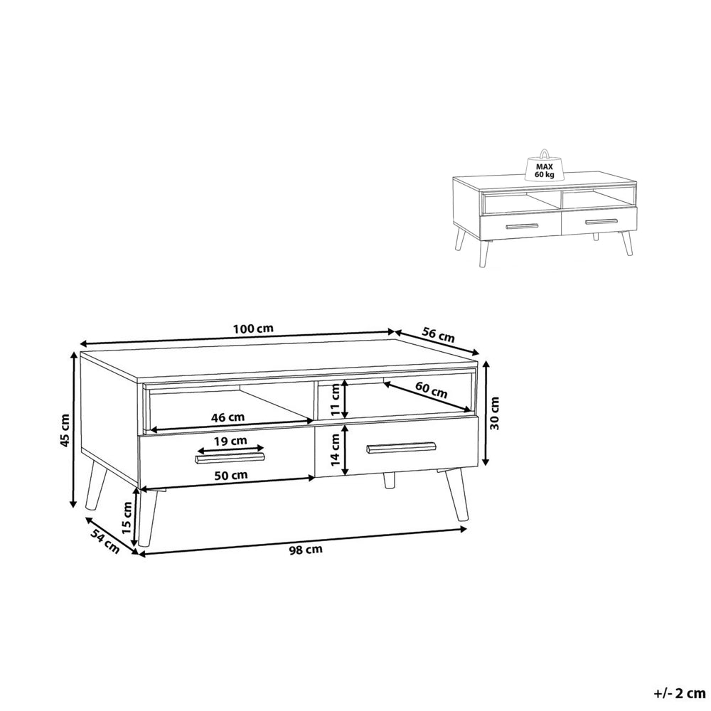 Tavolino da caffè in legno chiaro con ripiani bianchi a 2 cassetti 100 x 60 cm in stile scandinavo