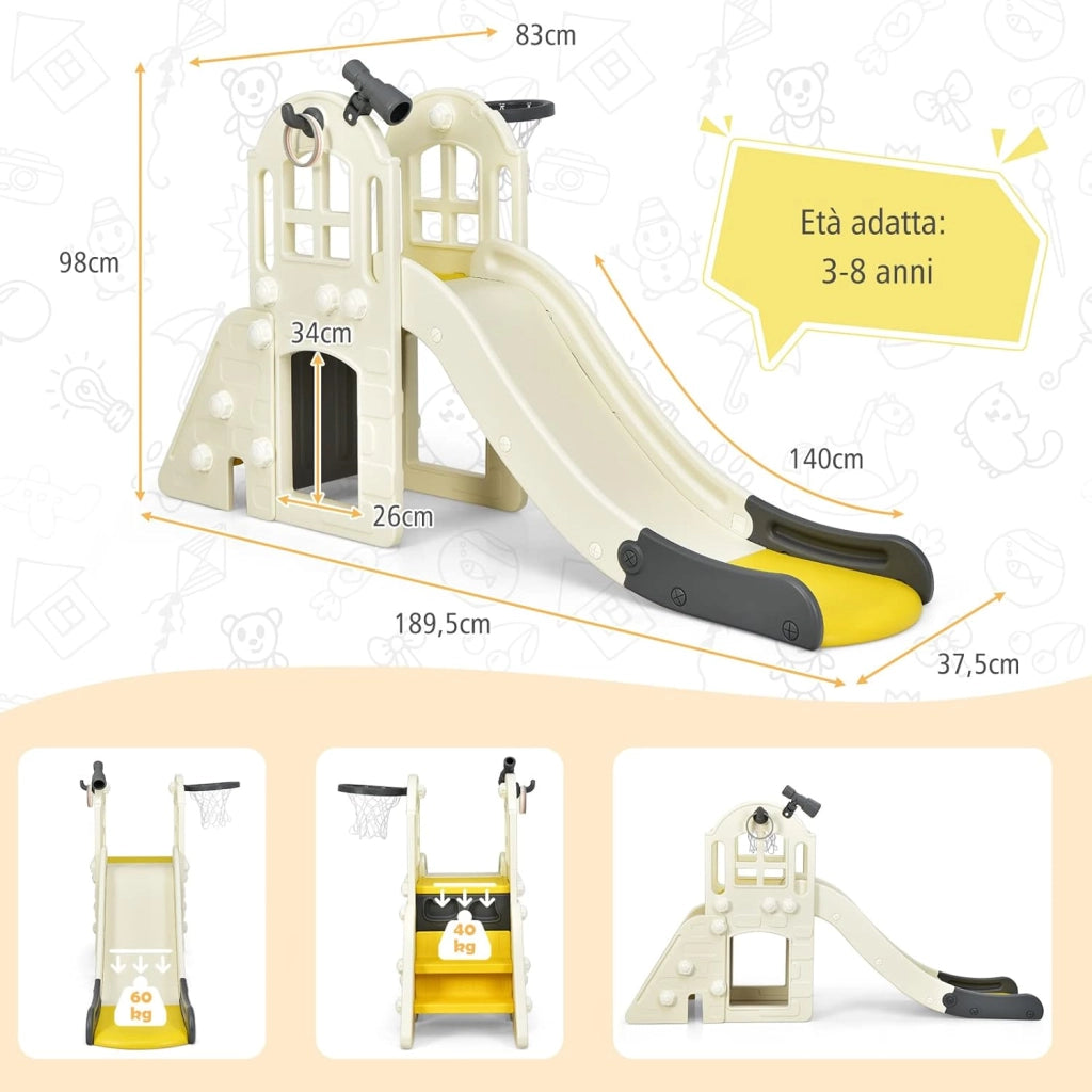 Scivolo per Bambini 6 in 1, Set da Gioco per Bambini con Canestro, Palla, Lancio dell'Anello e Cannocchiale, Ideale per Interni ed Esterni per Ragazzi e Ragazze, 189,5 x 83 x 98 cm (Giallo)