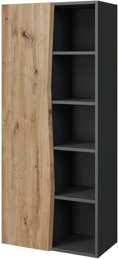 Armadio per il bagno Willow, Rovere artigianale/antracite, 56 x 130 cm con 5 scomparti aperti, adatto al montaggio a parete per diverse dimensioni di bagno