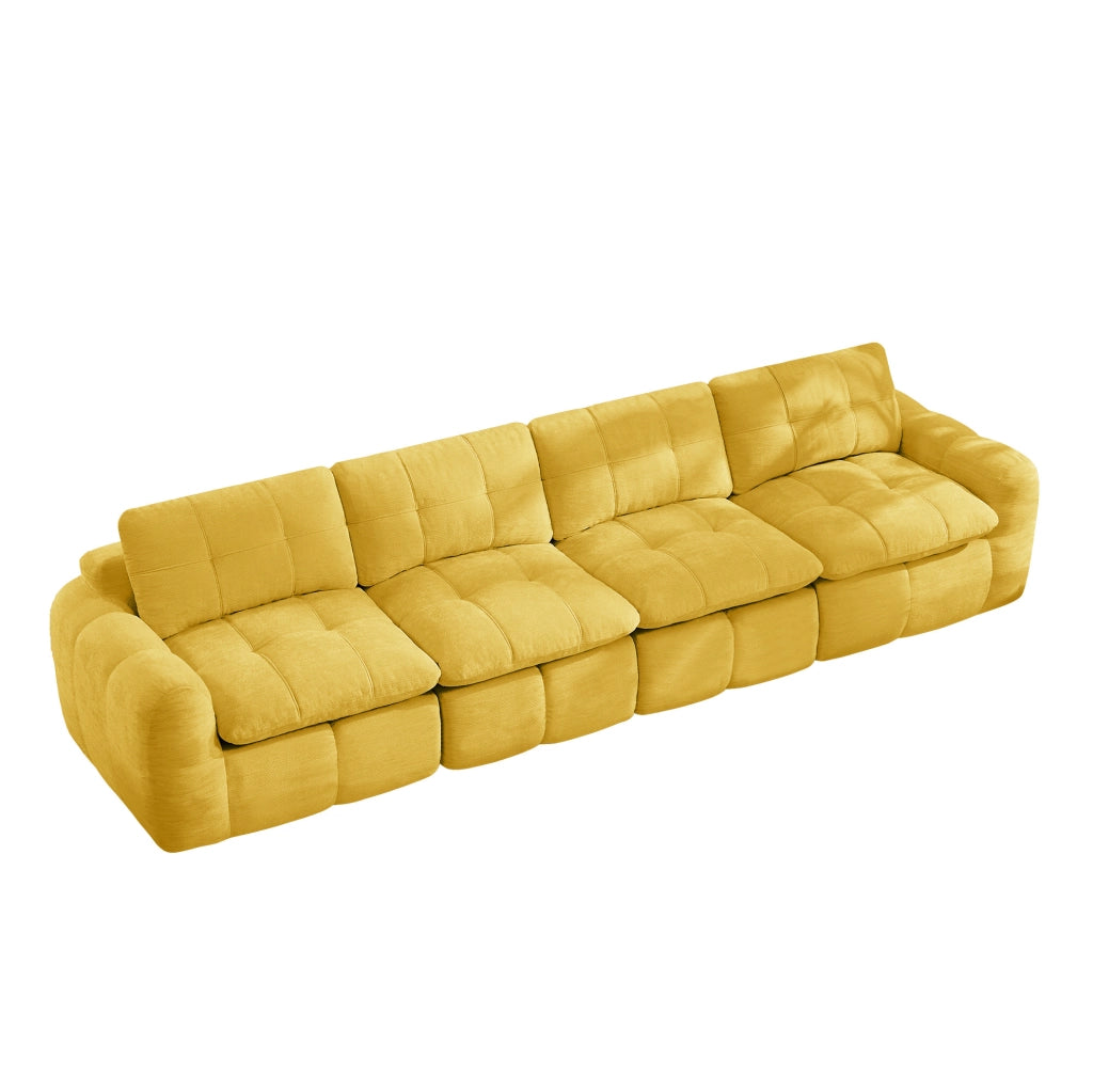 Divano modulare 4 posti in chenille giallo; 334x97x68 cm; seduta ampia e profonda